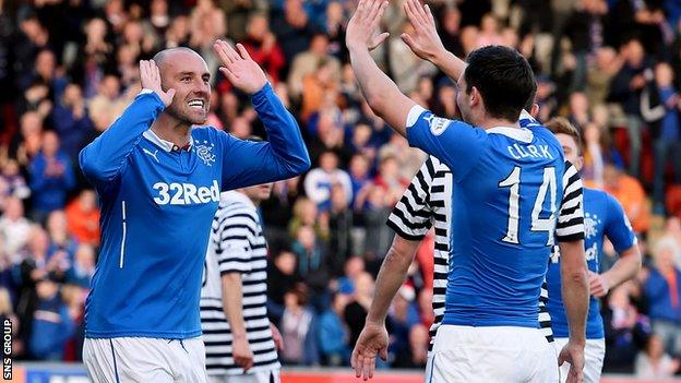 Kris Boyd (left) celebrates his opener with Rangers team-mate Nicky Clark