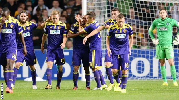 Maribor celebrate the goal from Marcos Tavares