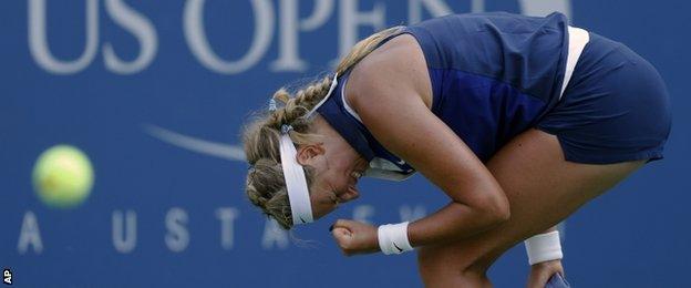 Victoria Azarenka has a quiet word with herself during her win over Misaki Doi