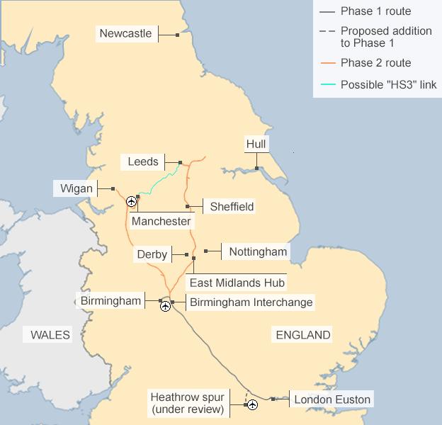 Map of HS2 with additional possible HS3 link