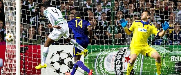 Efe Ambrose misses a chance for Celtic against NK Maribor