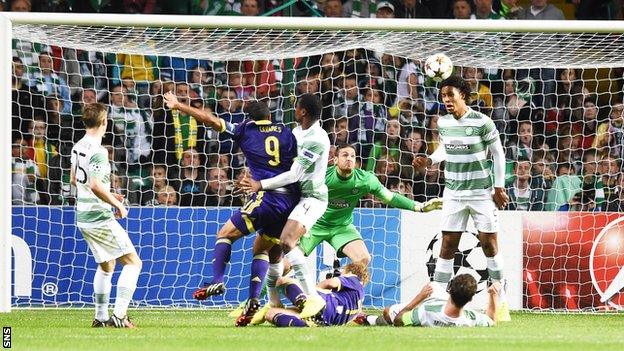 Marcos Tavares scores for NK Maribor against Celtic