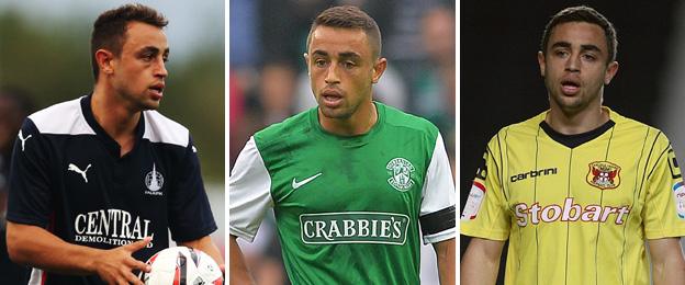 Tom Taiwo pictured playing for current club Falkirk (left) and previous clubs Hibernian (centre) and Carlisle (right)