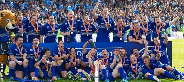 Irish side Leinster celebrate winning the 2013-14 Pro12 title