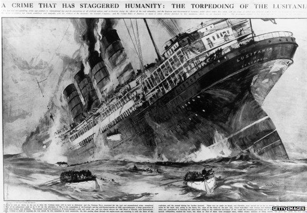 Illustration of the torpedoing of the Lusitania