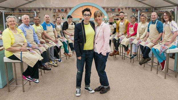 Sue Perkins and Mel Giedroyc with this year's Great British Bake Off contestants