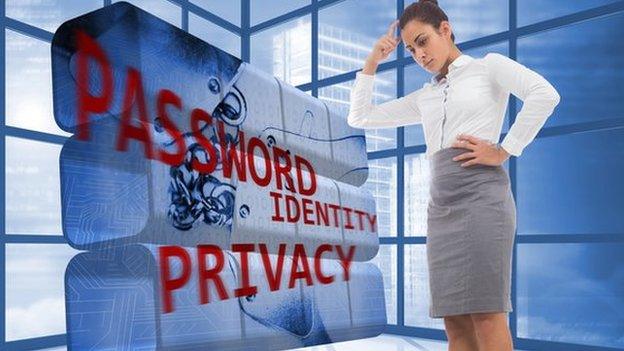 woman thinking in from of password graphic