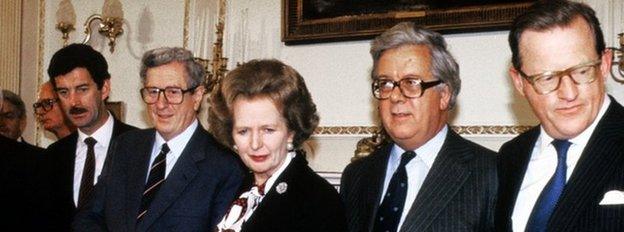 Margaret Thatcher, pictured at the signing of the Anglo Irish Agreement with from left to right, Irish Foreign Minister Dick Spring, Taoiseach Dr Garret Fitzgerald, Foreign Secretary Geoffrey Howe and Northern Ireland Secretary of State Tom King