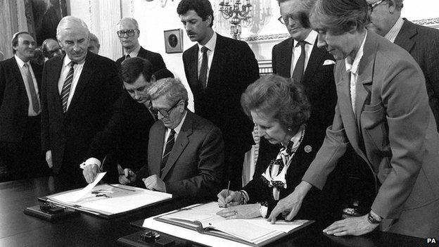 Margaret Thatcher and Dr Garret Fitzgerald signed the Anglo Irish Agreement which gave Ireland a say in the affairs of Northern Ireland on 15 November 1985 at Hillsborough Castle, County Down.