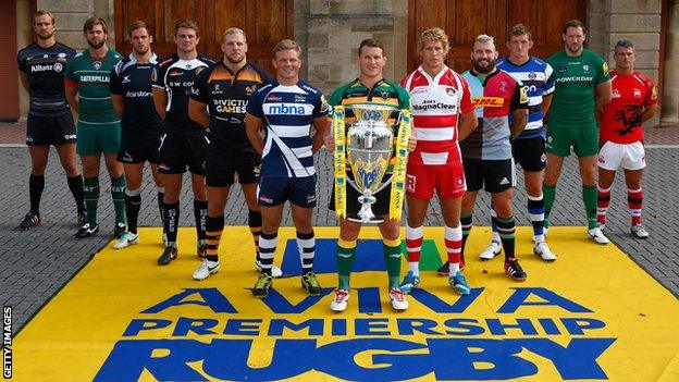 Dylan Hartley holds the trophy at the Premiership launch