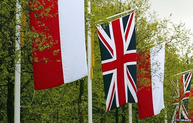 Polish and British flags alongside British roadside