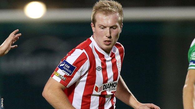 Derry's Stephen Dooley hit the woodwork against St Pat's