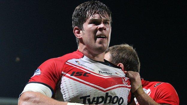 Louie McCarthy-Scarsbrook celebrates his try for St Helens at Headingley