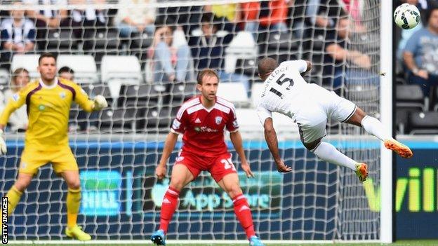 Wayne Routledge scores Swansea's second goal against West Bromwich Albion