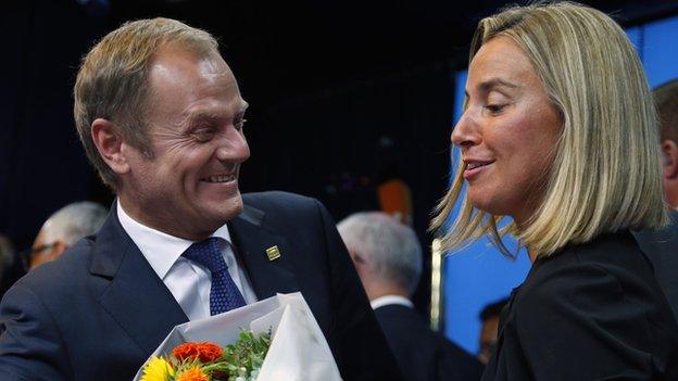 Poland's Prime Minister Donald Tusk and Italy's Foreign Minister Federica Mogherini at joint news conference, 30 Aug 14