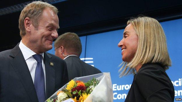 Poland's Prime Minister Donald Tusk and Italy's Foreign Minister Federica Mogherini at joint news conference, 30 Aug 14