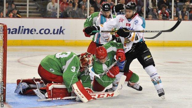 Belfast duo Darryl Lloyd and Adam Keefe battle with Cardiff's Ben Bowns in Saturday's game