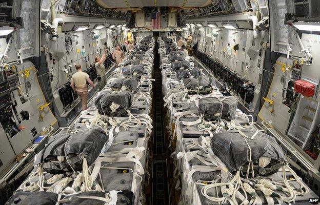 US Air Force Central Command where troops assemble aid packages headed for Amerli in Iraq 31 August 2014