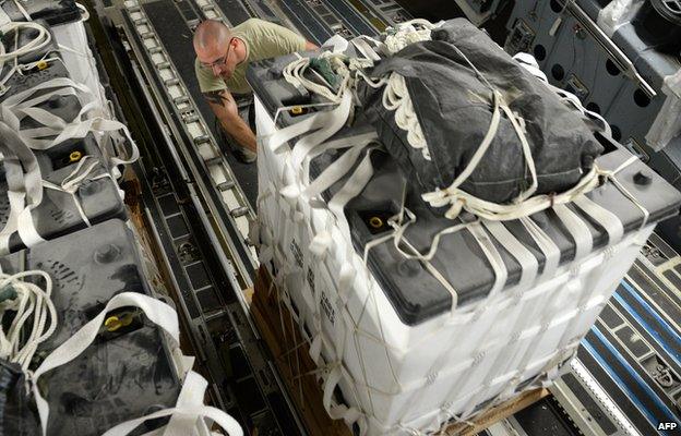 US Air Force Central Command where troops assemble aid packages headed for Amerli in Iraq 31 August 2014