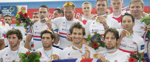 GB's men's eight celebrate winning World Rowing Championship gold