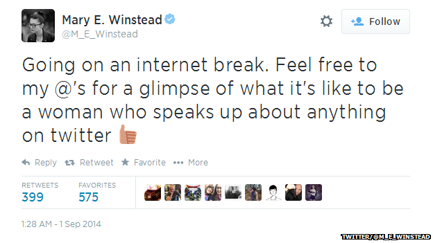 Tweet from @M_E_Winstead reading: "Going on an internet break. Feel free to my @'s for a glimpse of what it's like to be a woman who speaks up about anything on twitter."