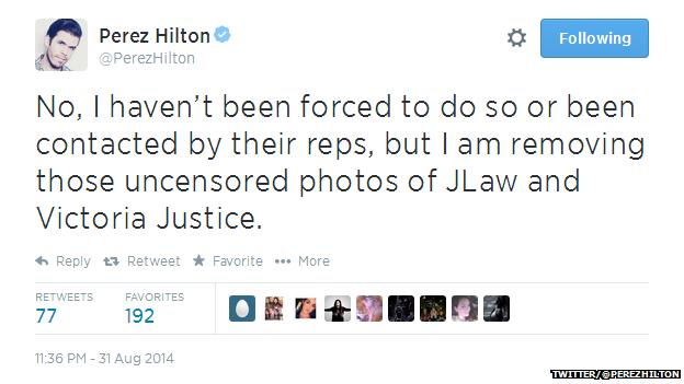 Tweet from @PerezHilton reading: "No, I haven't been forced to do so or been contacted by their reps, but I am removing those uncensored photos of JLaw and Victoria Justice."