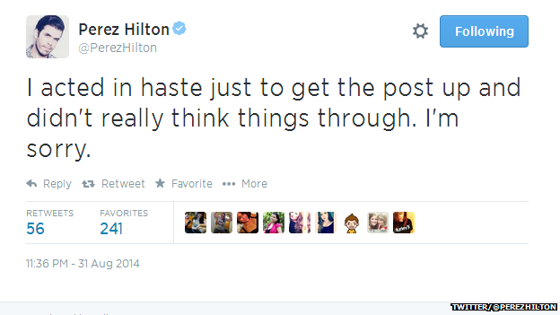 Tweet from @PerezHilton reading: "I acted in haste just to get the post up and didn't really think things through, I'm sorry."