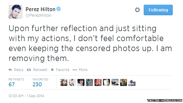 Tweet from @PerezHilton reading: "Upon further reflection and just sitting with my actions, I don't feel comfortable even keeping the censored photos up. I am removing them."