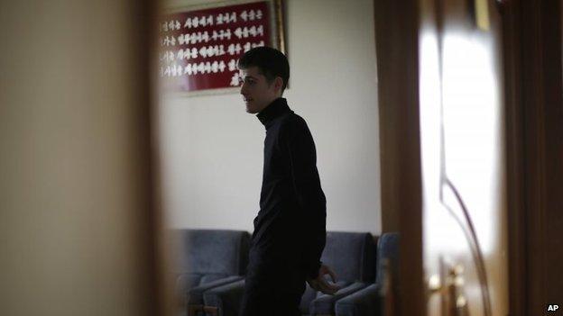 Mathew Miller, an American detained in North Korea, waits in a room.