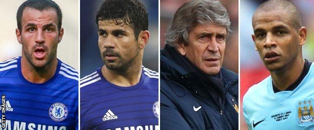 Cesc Fabregas, Diego Costa, Manuel Pelligrini and Fernando