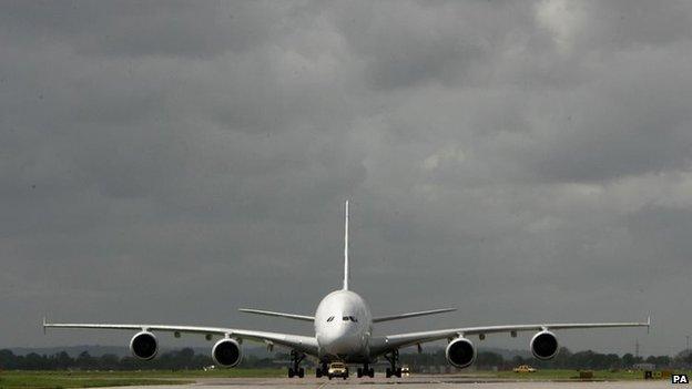 The world's biggest passenger airliner, the giant 555-seater Airbus A380, arrives at London's Heathrow airport