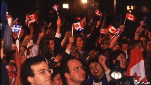 'No' campaigners celebrate the result of the 1995 referendum on independence for Quebec