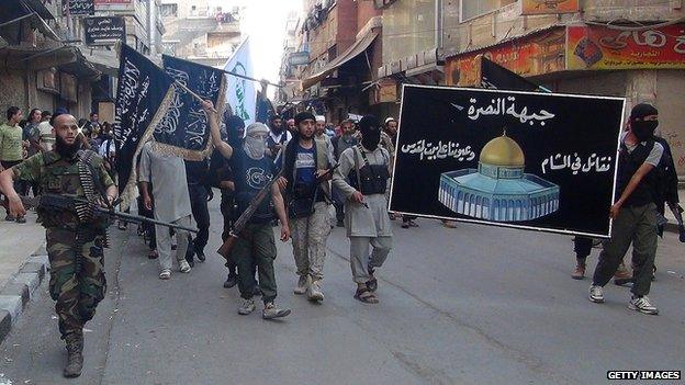 Islamic fighters from the al-Qaeda group in the Levant, al-Nusra Front in Yarmuk Palestinian refugee camp, south of Damascus