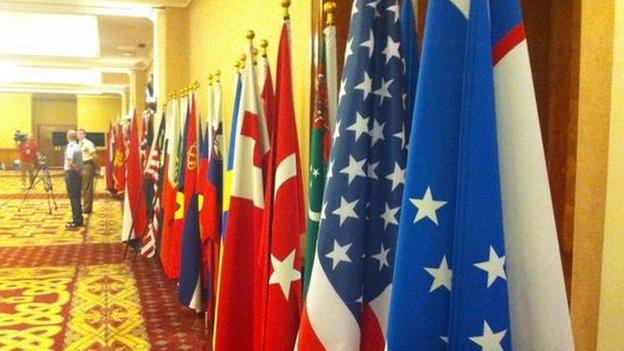 Flags from the countries Nato members are representing are in place