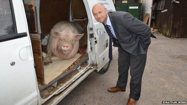 Jonathan Webb with Pog the pig