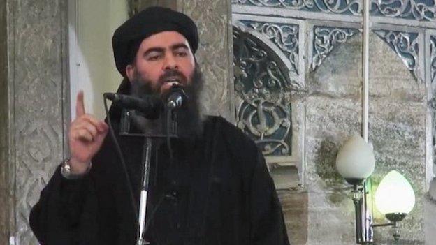 Abu Bakr al-Baghdadi delivering a sermon at a mosque in Iraq - 5 July 2014