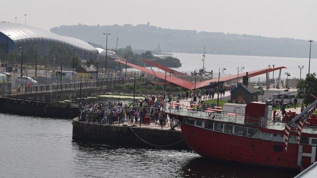 Crowds gathered to watch the comings and goings in Roath Basin