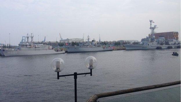 Warships gathered in Cardiff Docks on Wednesday