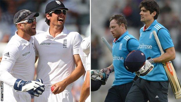 England's Matt Prior and Alastair Cook celebrate during a Test, while Cook and Ian Bell walk off during an ODI