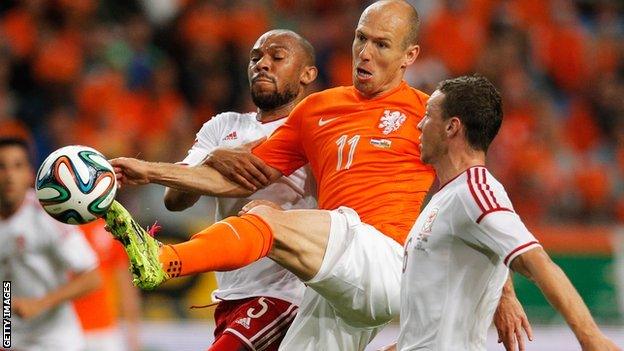 Danny Gabbidon pressures Arjen Robben