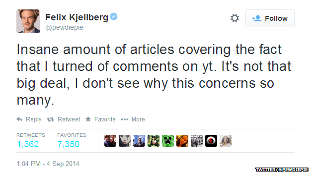 Tweet from @pewdiepie reading: "Insane amount of articles covering the fact that I turned of comments on yt. It's not that big deal, I don't see why this concerns so many.