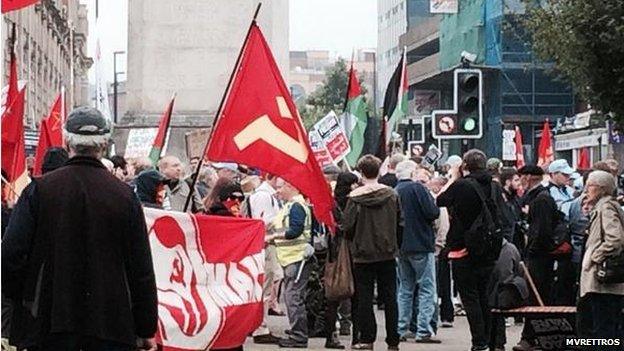 Flags and protesters