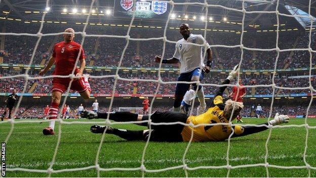 Darren Bent scores for England against Wales at the Millennium Stadium