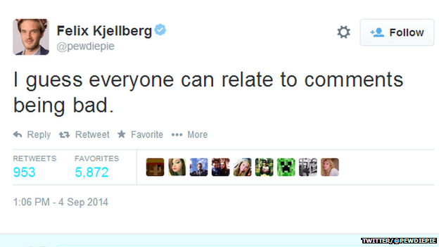 Tweet from @pewdiepie reading: "I guess everyone can relate to comments being bad."