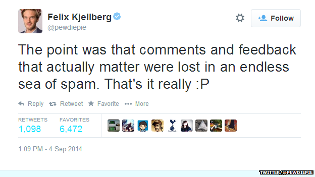 Tweet from @pewdiepie reading: "The point was that comments and feedback that actually matter were lost in an endless sea of spam. That's it really."