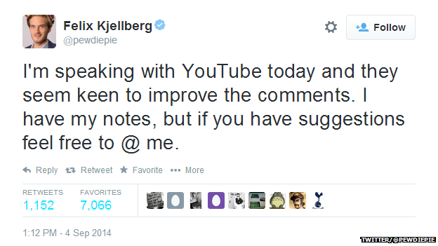 Tweet from @pewdiepie reading: "I'm speaking with YouTube today and they seem keen to improve the comments. I have my notes, but if you have suggestions feel free to @ me."