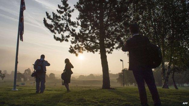 News crews at dawn in the Celtic Manor grounds