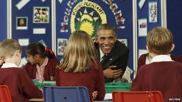 Barack Obama meets pupils at Newport's Mount Pleasant school