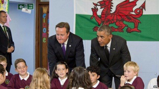 Barack Obama and David Cameron meet pupils at Newport's Mount Pleasant school