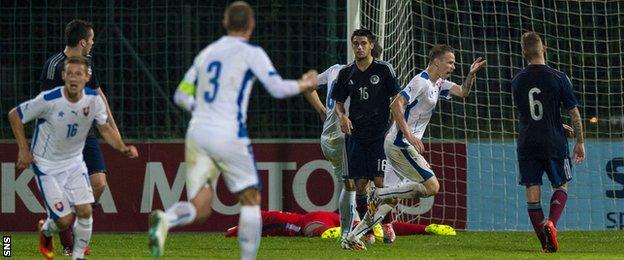 Ondrej Duda celebrates after scoring for Slovakia Under-21s against Scotland Under-21s